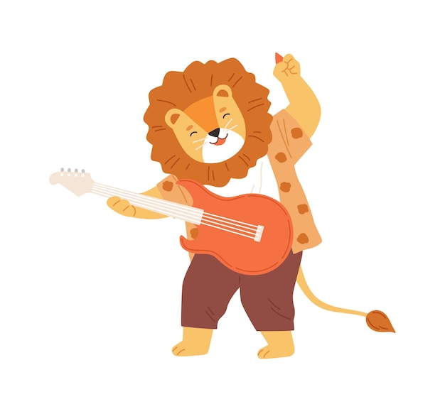 Милый улыбающийся лев играет на электрогитаре. счастливый музыкант-животное, исполняющий музыку на музыкальном инструменте. забавный детский персонаж. цветная плоская векторная иллюстрация на белом фоне.