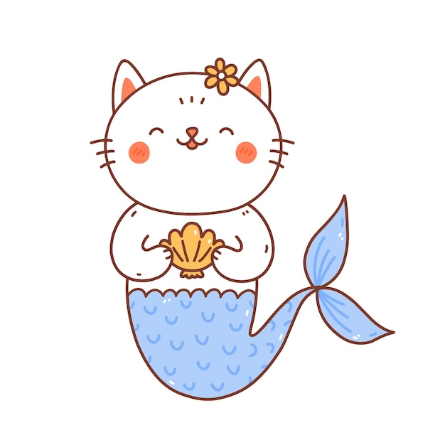 흰색 배경에 고립 된 귀여운 웃는 인어 고양이 가와이이 스타일의 손으로 그린 그림
