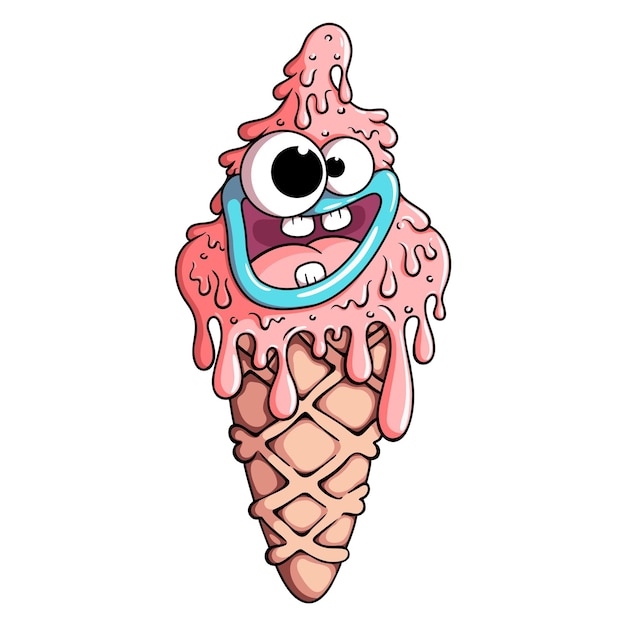 Cute smiling monster icecream cone Vector summer illustration isolated on white background