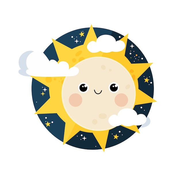 Cute smiling moon character with sunlight behind Vector design of solar eclipse for kids education