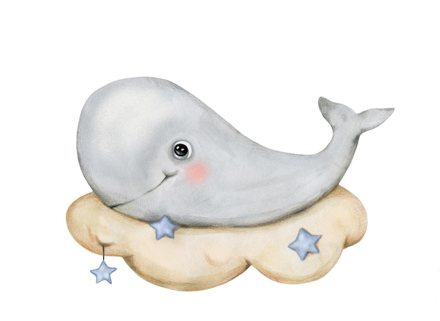 Симпатичный улыбающийся кит в детском стиле на облаке в ночном небе со звездами в акварели