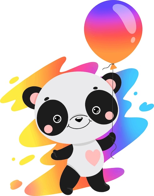 Il simpatico panda sorridente tiene un palloncino multicolore