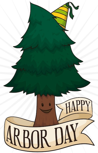 Vector cute smiling pine with a party hat and a greeting ribbon around it celebrating arbor day