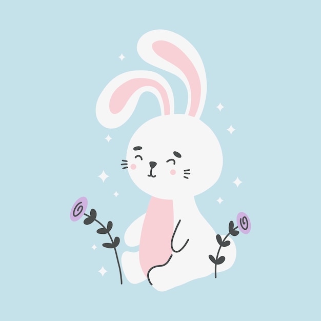 Cute smiling rabbit among flowers vector flat illustration. Baby happy animal with colorful flowering plant