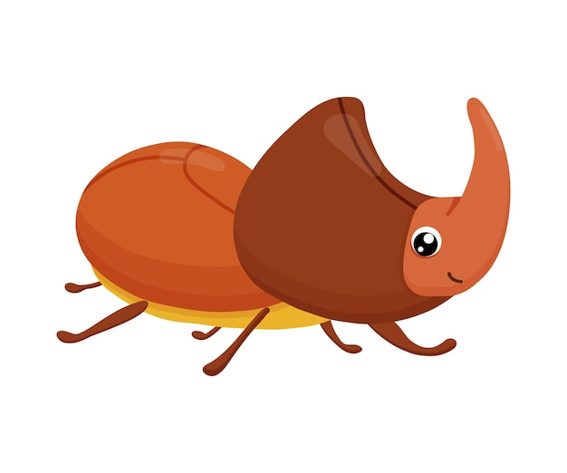 Vector cute smiling rhinoceros beetle isolated on white background funny insect for children flat cartoon vector illustration