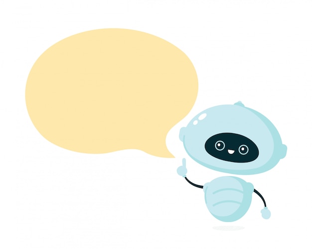 Cute smiling robot, bot with speech bubble.