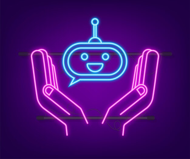 Cute smiling robot in hands neon icon vector modern flat cartoon character illustration