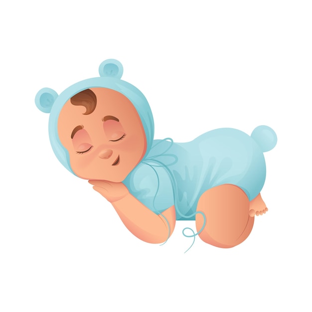 Cute smiling sleeping baby boy in blue bear costume on cloud illustration Baby boy character in cat