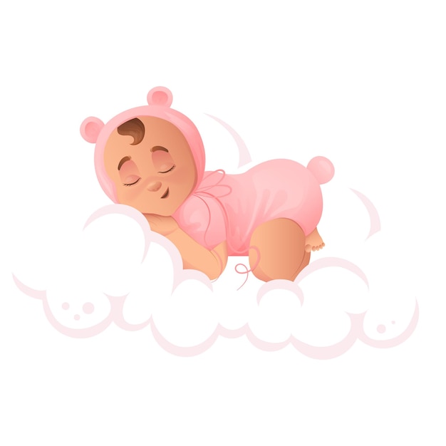 Cute smiling sleeping baby girl in pink bear pajamas on cloud Baby girl character in cartoon style