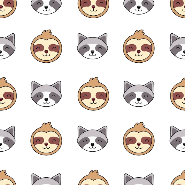 Cute Smiling Sloth and Raccoon Seamless Pattern vector illustration set