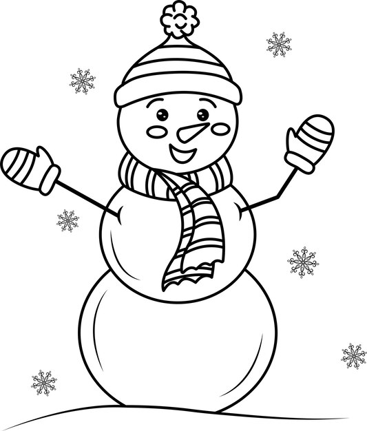 Cute smiling snowman in a hat on his head and a scarf highlighted on a white backgroundVector