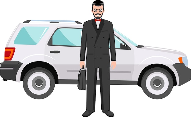 Cute Smiling Standing Jewish Businessman in Suit Kippah and Glasses near the Car