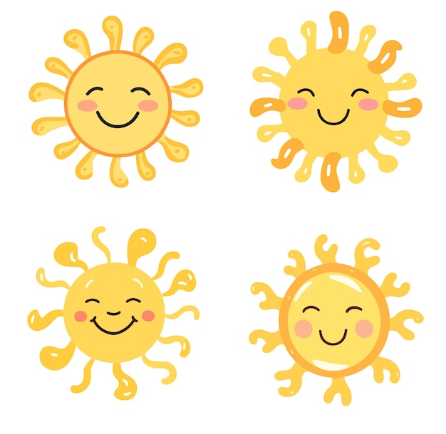 Cute smiling sun vector flat hand drawn illustration white background