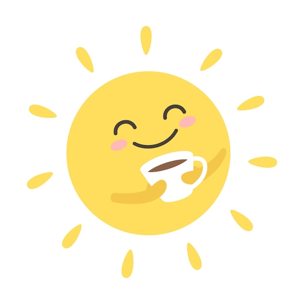 Cute smiling sun with a cup of tea coffee morning vector illustration