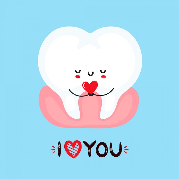 Vector cute smiling tooth holding heart in hands