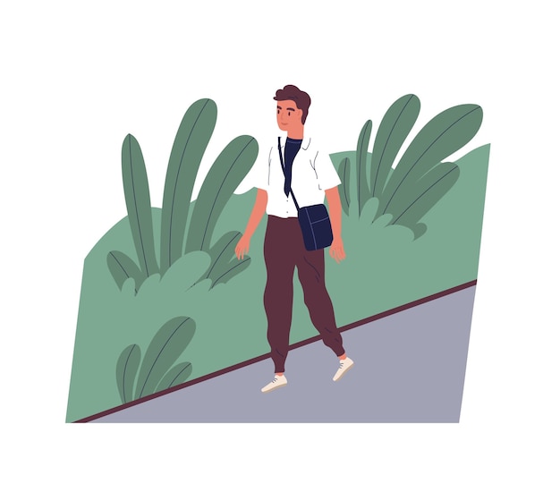 Cute smiling young man going to work. Happy male character walking on city street. Morning activity of clerk or office worker. Start of day. Colorful vector illustration in flat cartoon style.