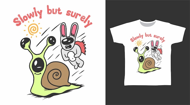 ベクトル かわいいカタツムリとウサギの漫画のtシャツのデザイン