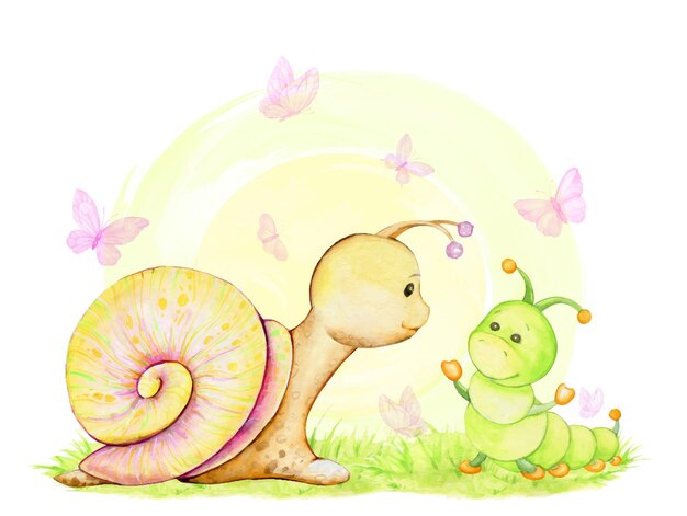 A Cute Snail, And A Caterpillar, On The Background, The Sun, A Watercolor Concept