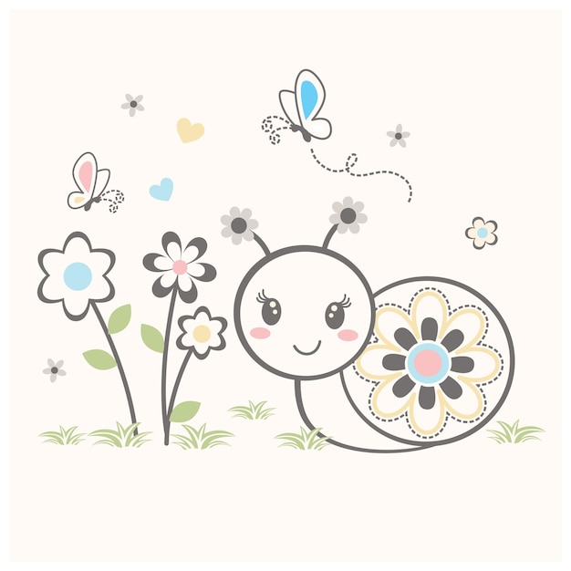 Vector cute snail in flower garden vector illustration