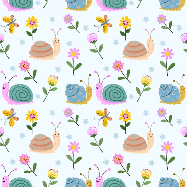 Vector cute snail and flowers seamless pattern.
