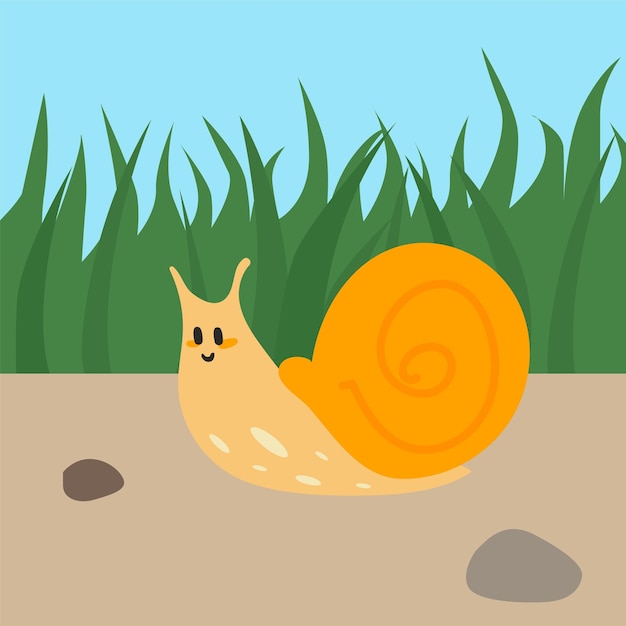 cute snail hand dawn garden character in park childish decoration wildlife fauna small colorful animals in nature creature grass on background vector cartoon flat isolated illustration