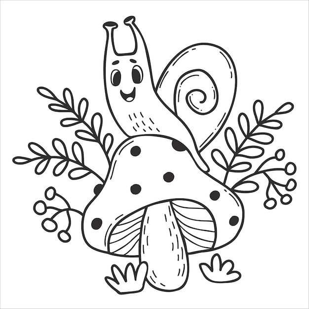 Cute snail on mushroom toadstool Linear hand drawn doodle Funny forest mollusk character of snail