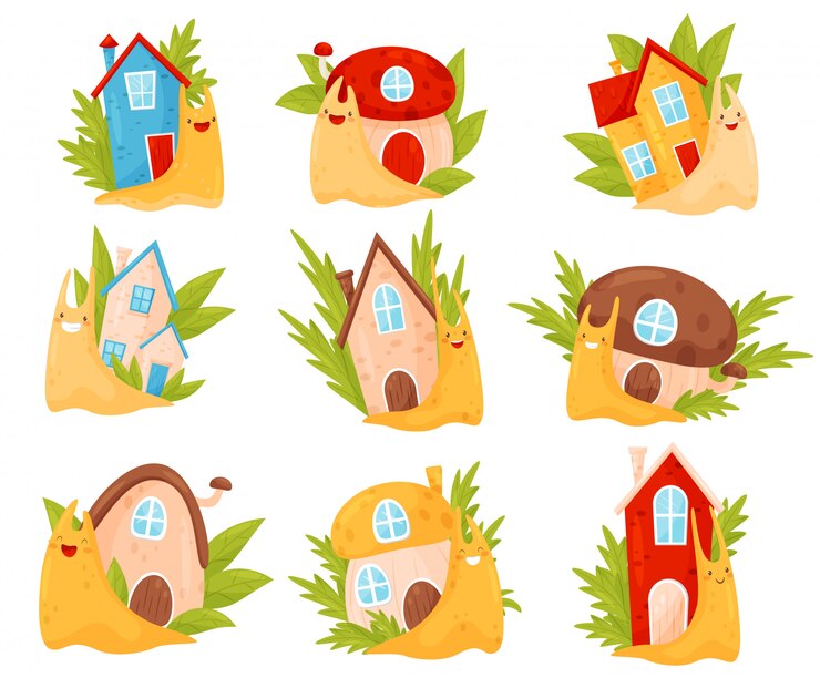 Vector cute snails with colorful shell houses on their back set, funny mollusk cartoon characters  illustration on a white background
