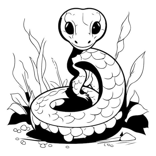 Cute snake in the garden Black and white vector illustration