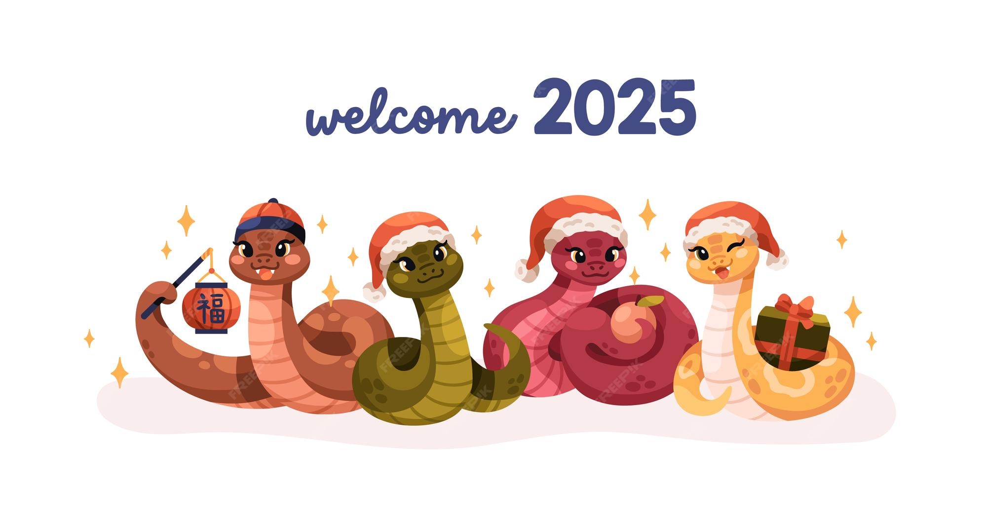 Premium Vector Cute snake mascots Chinese New Year 2025 Happy cute kawaii 2k25 CNY