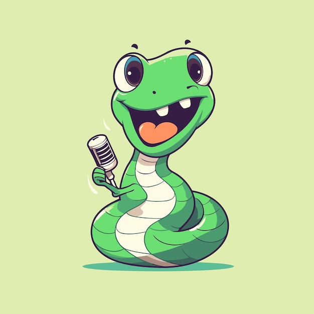 Vector cute snake singing karaoke vector cartoon character illustration