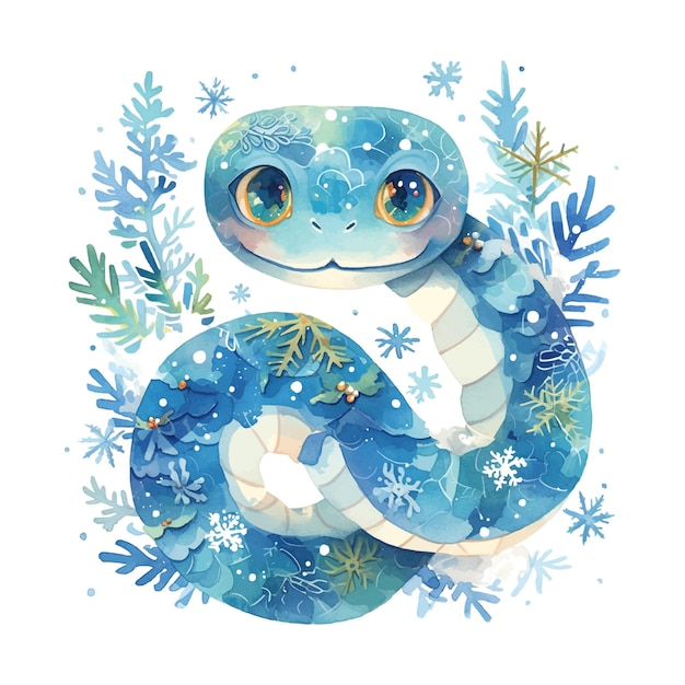 Cute snake with snowflakes illustration on white background