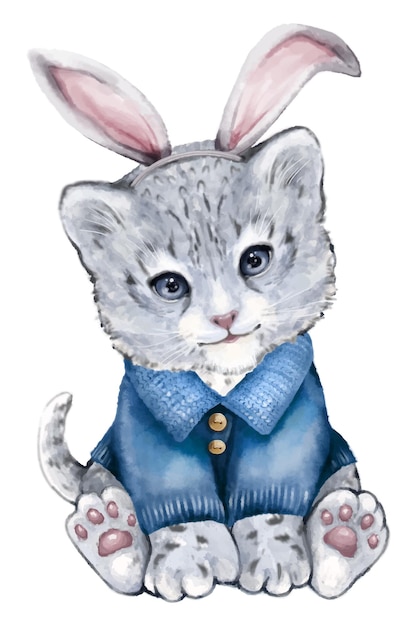 Cute snow leopard in a blue knit sweater with bunny ears on his head new year, hand-painted