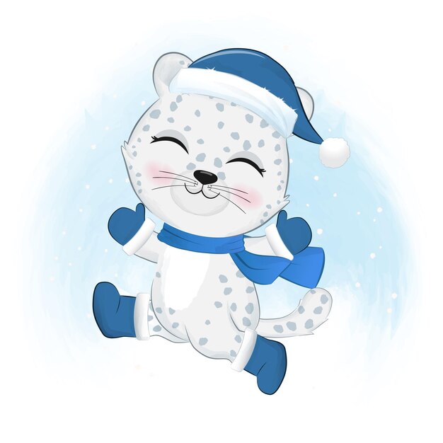 Cute snow leopard Christmas season illustration