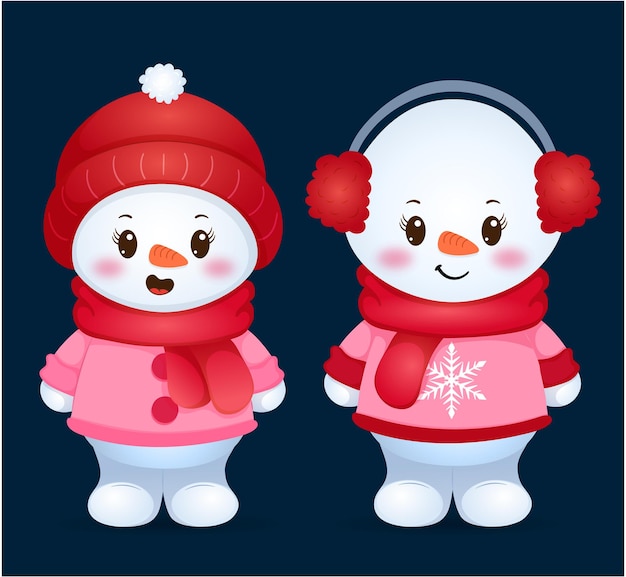 Vector cute snow woman in winter clothes