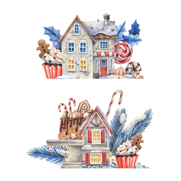Simpatiche case innevate circondate da dolci natalizi illustrazione ad acquerello su un bianco