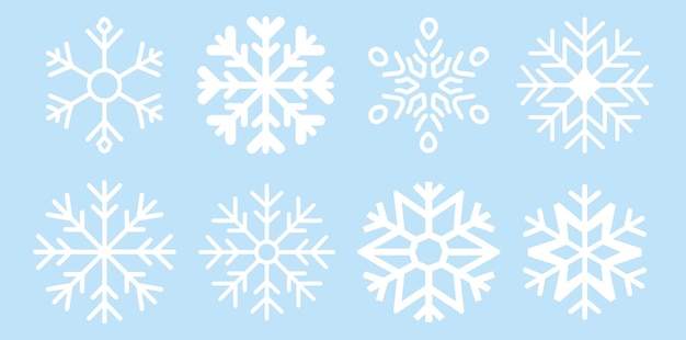 Cute snowflakes collection isolated on blue background Flat snow icons silhouette