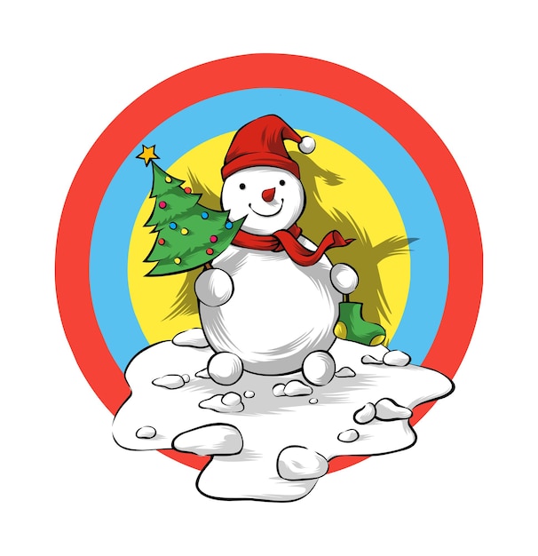 Vector cute snowman christmas holding pine tree