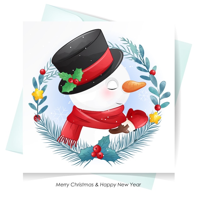 Cute  snowman for christmas with watercolor card