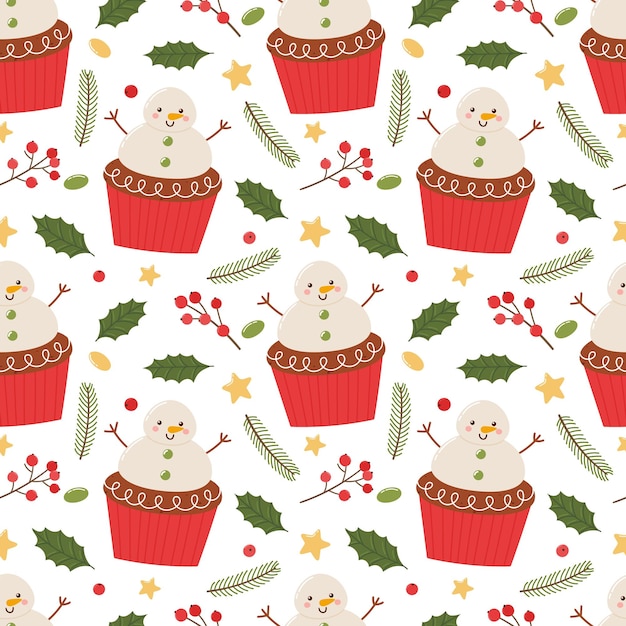 Carino pupazzo di neve cupcake seamless pattern disegnato a mano su uno sfondo bianco