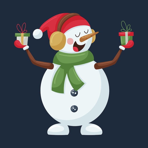 イヤホンと緑のスカーフを着たかわいい雪だるまが手にギフトボックスを持っているフラットなスタイルのクリスマスの漫画のキャラクターは、暗い背景に隔離されています.カラーベクトルイラスト
