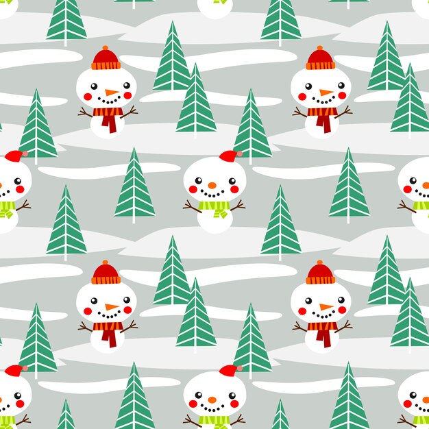 Cute snowman in the forest seamless pattern.