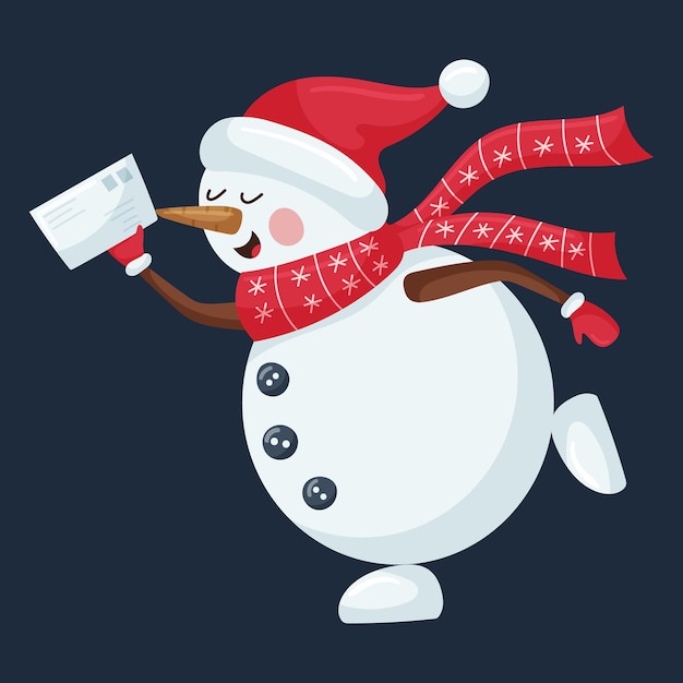 A cute snowman in a hat and a patterned scarf runs with a letter for Santa in his hands A Christmas cartoon character in a flat style is isolated on a dark background Color vector illustration