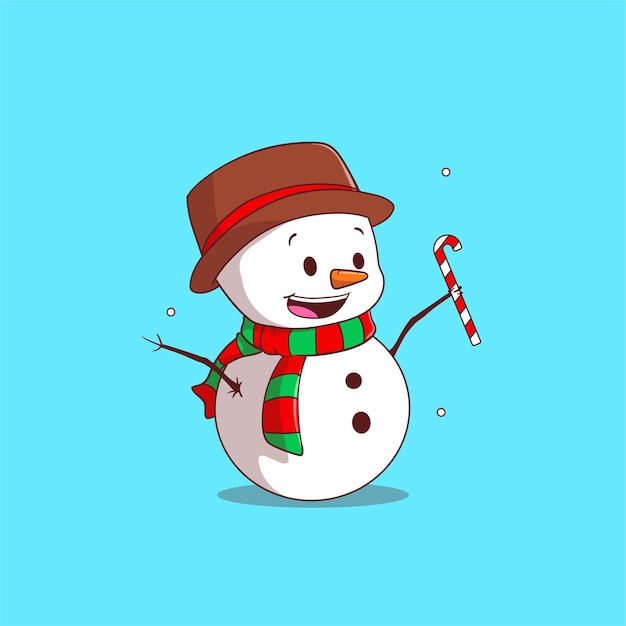 cute snowman hold stick candy vector icon illustration