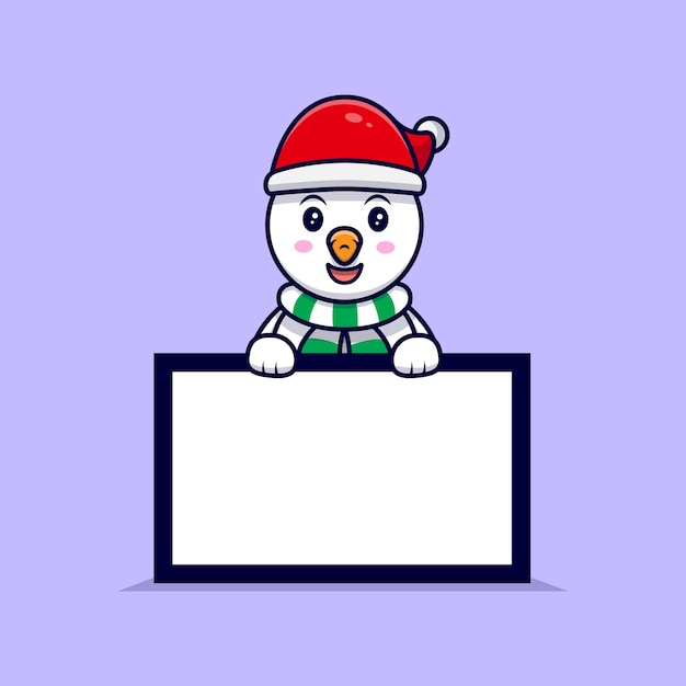 Vector cute snowman holding  a blank text board mascot cartoon  illustration.