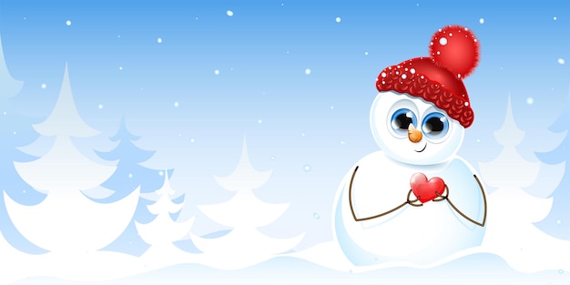 Cute snowman holding red heart with his arms on the winter nature background