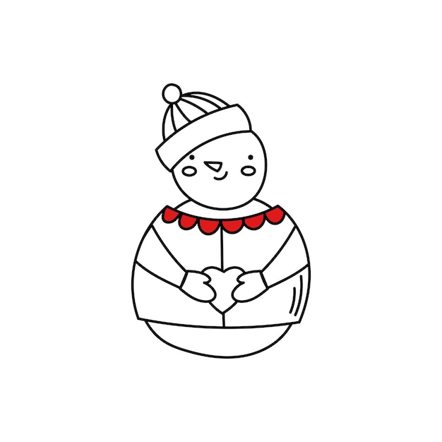 Cute snowman holds a heart in his hands Snowman doodle drawing Vector christmas illustration