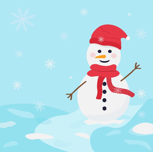 Cute snowman illustration on blue background Winter symbol icon Christmas or New Year greeting card design element