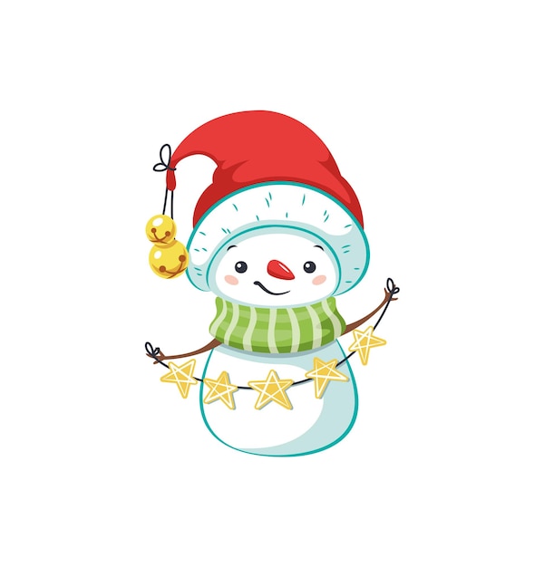 Cute snowman in red Santa Claus cap and scarf