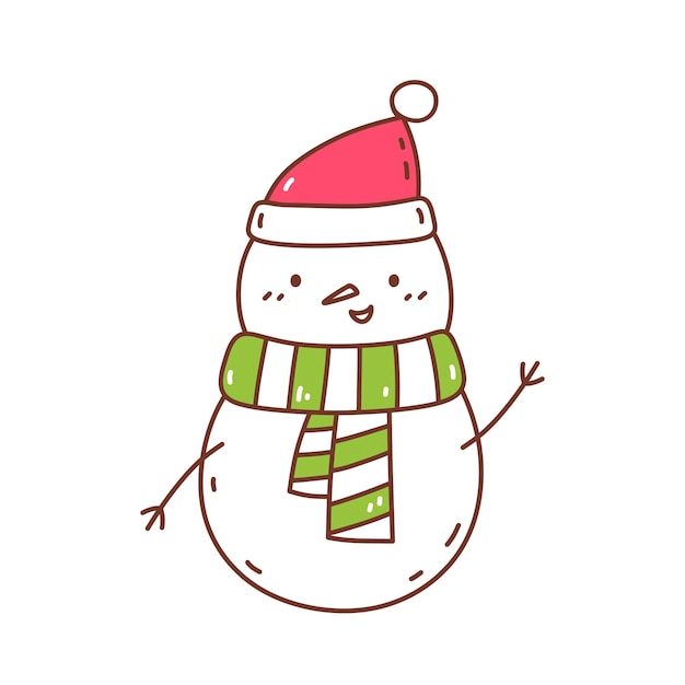 Cute snowman in a a santa hat and scarf isolated on white background doodle illustration