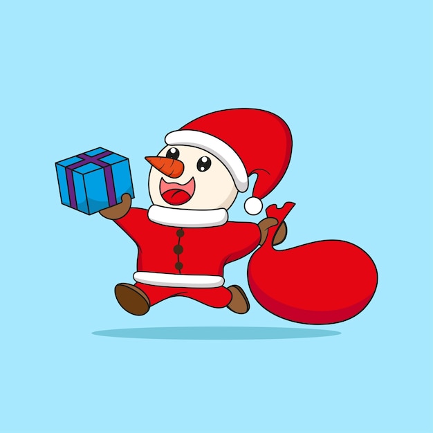 cute snowman in santa suit bringing gifts